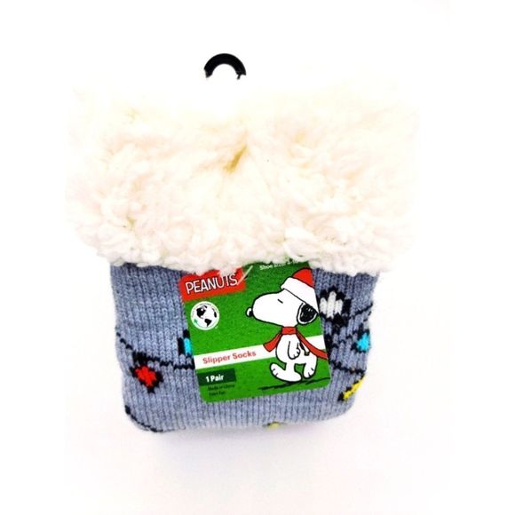 Snoopy Peanuts Grey Faux Fur Slipper Socks 4-10 NWT - Picture 4 of 5